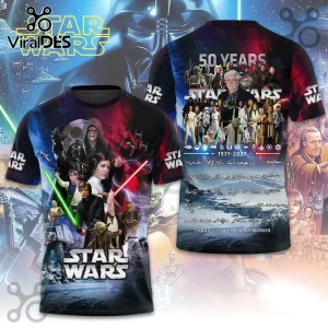 Star Wars 50th anniversary crew neck t-shirt featuring Luke Skywalker, Darth Vader, George Lucas, and character signatures.!