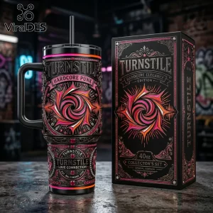 Turnstile Hardcore Punk 40oz stainless steel tumbler with straw and matching black box, pink and orange spiral graphics.!