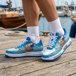 Custom One Piece anime sneakers with Thousand Sunny ship illustration, blue ocean waves, and white leather accents.!