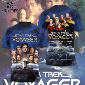 Star Trek Voyager front and back print t-shirt featuring cast portraits, the USS Voyager ship, and printed autographs.!