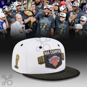 New York Knicks 2025 NBA Champions white snapback hat with black brim and gold trophy embroidery.!