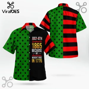 Juneteenth short-sleeve button-down shirt with black stars on green and red stripes and text about 1865 and 1776 history.!