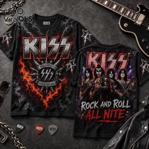 KISS band T-shirt with front logo and back graphic featuring band members, fire, lightning, and Rock and Roll All Nite text.!