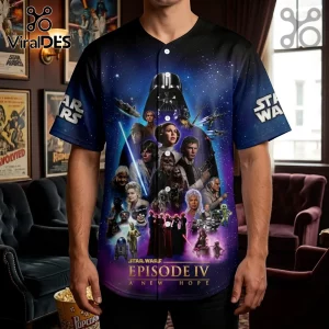 Star Wars Episode IV A New Hope button-up baseball jersey featuring Darth Vader, Luke, Leia, and Han Solo on blue space.!
