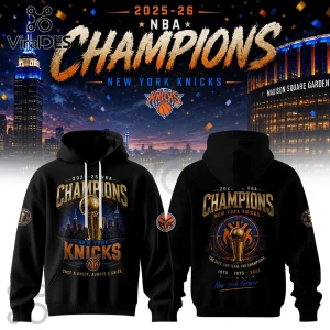 Black New York Knicks 2025-26 NBA Champions hoodie with front and back gold trophy and team logo graphic prints.!