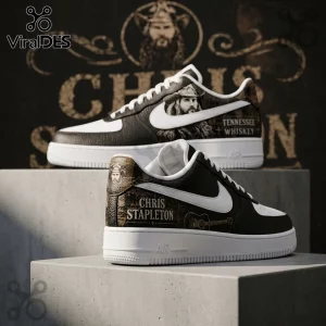 Custom black and white sneakers featuring Chris Stapleton portrait, guitar graphic, and Tennessee Whiskey text branding.!