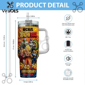 Dragon Ball 40th anniversary stainless steel tumbler with handle, straw, and character graphic featuring Goku and Vegeta.!