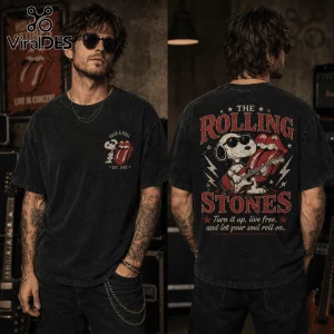 Black acid wash t-shirt featuring Snoopy with a red Rolling Stones tongue logo and text on front and back.!