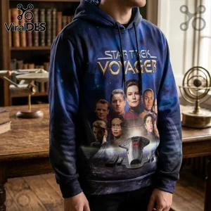 Blue Star Trek Voyager pullover hoodie featuring a cast collage, spaceship graphic, and nebula background print.!