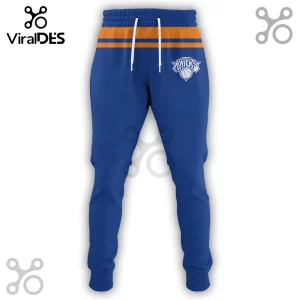 New York Knicks blue and orange joggers with an elastic waistband, white drawstrings, and team logo on the left hip.!