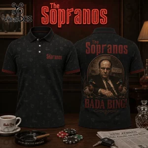 Black polo shirt featuring Tony Soprano image, red text, and repeating duck and poker card patterns on front and back.!