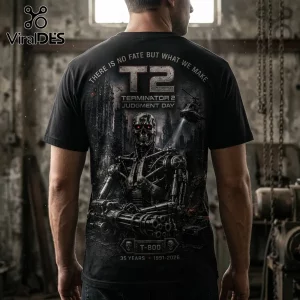 Black Terminator 2 Judgment Day t-shirt featuring a T-800 endoskeleton, helicopter, and ruined city graphics.!