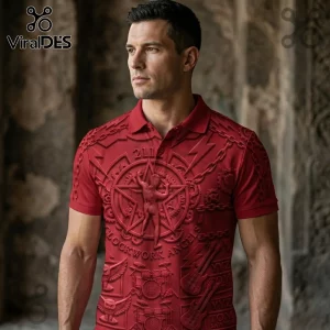 Red polo shirt featuring embossed Rush Clockwork Angels imagery, a star-man icon, gears, electric guitars, and owl motifs.!