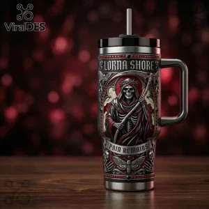 Lorna Shore stainless steel tumbler with a grim reaper, red accents, and Pain Remains text on a wooden surface.!