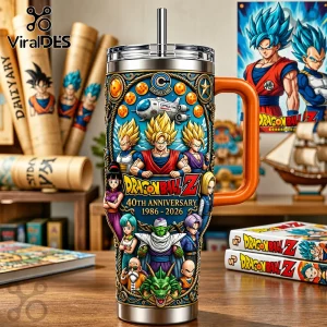 Dragon Ball Z 40th anniversary stainless steel tumbler with orange handle, straw, and wrap-around anime character print.!