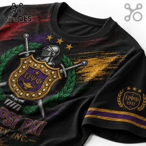 Omega Psi Phi fraternity black t-shirt featuring a gold shield, helmet, swords, and purple banner with Greek lettering.!