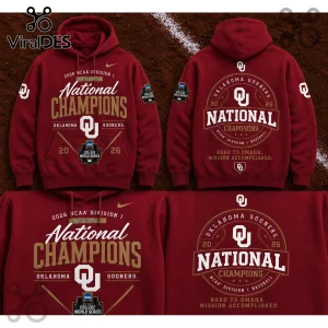 Maroon Oklahoma Sooners 2026 baseball national championship hoodie with gold and white text graphics.!
