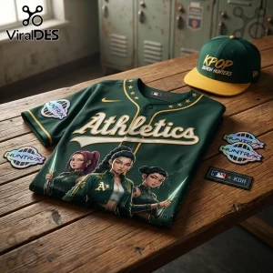 Oakland Athletics jersey with K-pop anime characters, green and gold colors, matching cap, and holographic Huntrix patches.!