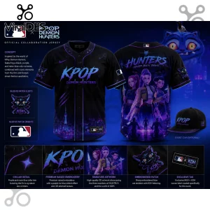 K-Pop Demon Hunters baseball jersey in black with neon blue and purple graphics, featuring embroidered cat patches and logo.!