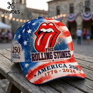 Rolling Stones baseball cap featuring American flag colors, 250 years of freedom text, and 1776-2026 date graphic.!