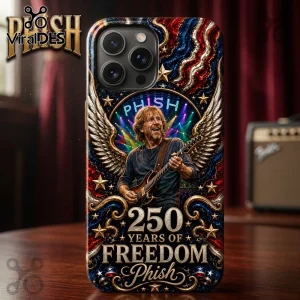 Phish iPhone case featuring Trey Anastasio, eagle wings, red white and blue swirl patterns, and 250 Years of Freedom text.!