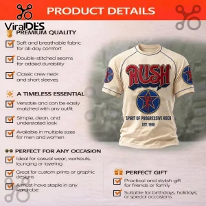 Beige crew neck t-shirt featuring the Rush logo, Starman emblem, and text Spirit of Progressive Rock Est. 1968.!