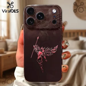 Clear iPhone case featuring a pink holographic line-art illustration of a Valkyrie warrior holding a spear.!