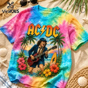 AC/DC tie-dye t-shirt featuring Angus Young playing guitar on a beach with palm trees and sunset background.!