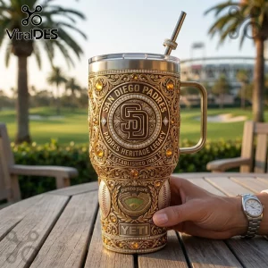 Gold-tone Yeti tumbler with San Diego Padres branding, intricate filigree, amber gemstones, and Petco Park relief design.!