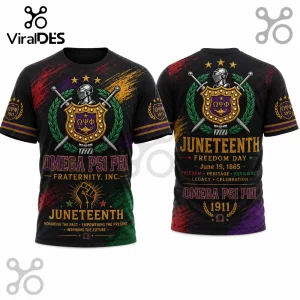 Omega Psi Phi Juneteenth black t-shirt with knight shield crest, sword motif, and vibrant red, green, and gold paint strokes.!