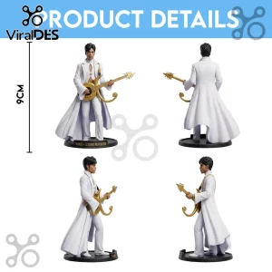 Prince 9cm tall figurine in a white suit playing a gold guitar on a black base labeled Prince Legend Never Die.!