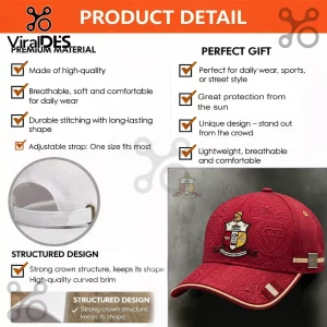 Red Kappa Alpha Psi baseball cap with embroidered fraternity crest, patterned fabric, and metallic side accent.!