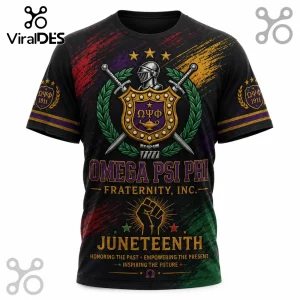 Omega Psi Phi Juneteenth black t-shirt featuring a gold knight crest, Greek letters, swords, and a raised fist graphic.!