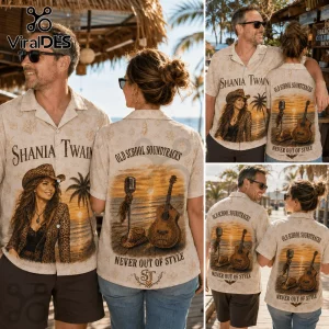 Cream-colored button-up shirt featuring Shania Twain, an acoustic guitar, vintage microphone, and sunset beach scenery.!