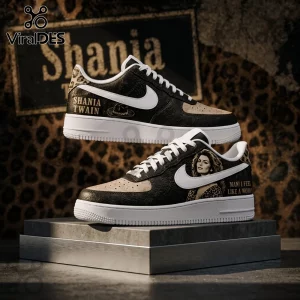 Custom sneakers featuring Shania Twain portrait, leopard print heel, and text reading Man! I Feel Like A Woman.!