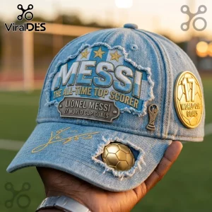 Light blue denim baseball cap with Messi embroidery, gold soccer ball accent, and metal 17 World Cup goals badge.!