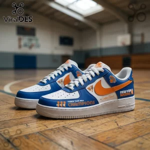 Custom New York Knicks themed sneakers featuring blue, white, and orange leather with Three Time NBA Champions text.!