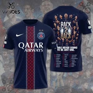 Navy Paris Saint-Germain jersey with Qatar Airways logo, back featuring team roster, player photos, and Back 2 Back text.!