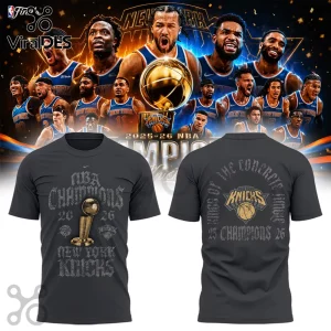 Black cotton t-shirt featuring 2026 New York Knicks NBA Champions graphics, championship trophy, and team branding.!