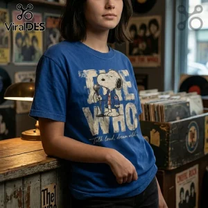 Blue cotton crewneck T-shirt featuring Snoopy holding a microphone with The Who band logo in distressed white print.!
