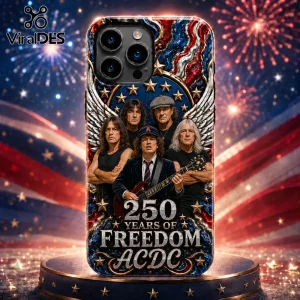 AC/DC band iPhone case featuring US flag motif, stars, wings, and text 250 Years of Freedom ACDC on a pedestal.!