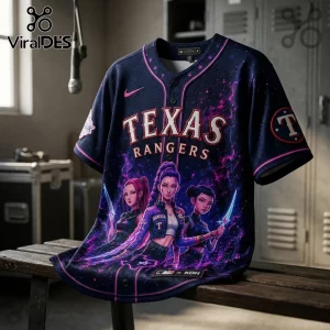 Texas Rangers baseball jersey with dark blue, purple, and pink graphic anime characters on a wooden bench.!