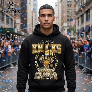 Black hoodie featuring gold New York Knicks 2026 NBA Finals Champions graphic with a basketball and trophy icon.!