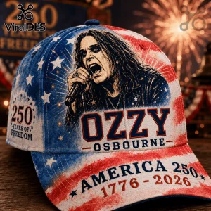 Ozzy Osbourne baseball cap with red, white, and blue star-spangled banner print, text reading America 250 1776-2026.!