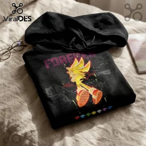 Black hoodie featuring a Super Sonic character graphic, the text FOREVER, and seven multicolored Chaos Emerald icons.!