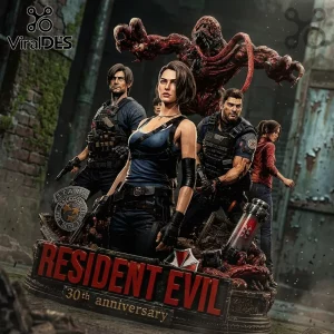 Resident Evil 30th anniversary resin statue featuring Leon Kennedy, Jill Valentine, Chris Redfield, and a Licker creature.!