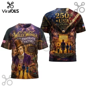 Willy Wonka and the Chocolate Factory themed t-shirt with 250th USA anniversary graphics and eagle artwork.!
