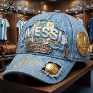 Light blue denim cap with Messi embroidery, gold metallic badges, soccer ball detail, and World Cup trophy pin.!