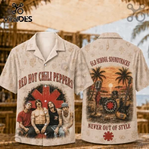 Red Hot Chili Peppers vintage-style tan button-down shirt featuring band members, musical instruments, and beach motifs.!