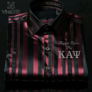 Black and crimson striped button-down dress shirt with Kappa Alpha Psi and Greek letters embroidered on the chest.!